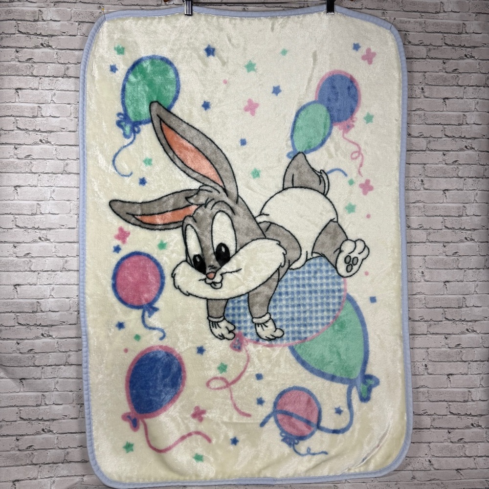Vtg 2000s Y2K Baby Looney Tunes Baby Blanket Crib Plush Bugs Bunny Balloon